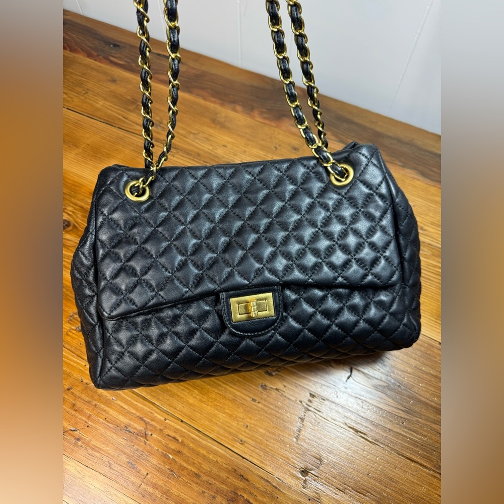 Tiffany & Fred Paris Full-Grain Quilted Sheepskin Black Leather Tote Gold accent - Picture 9 of 15